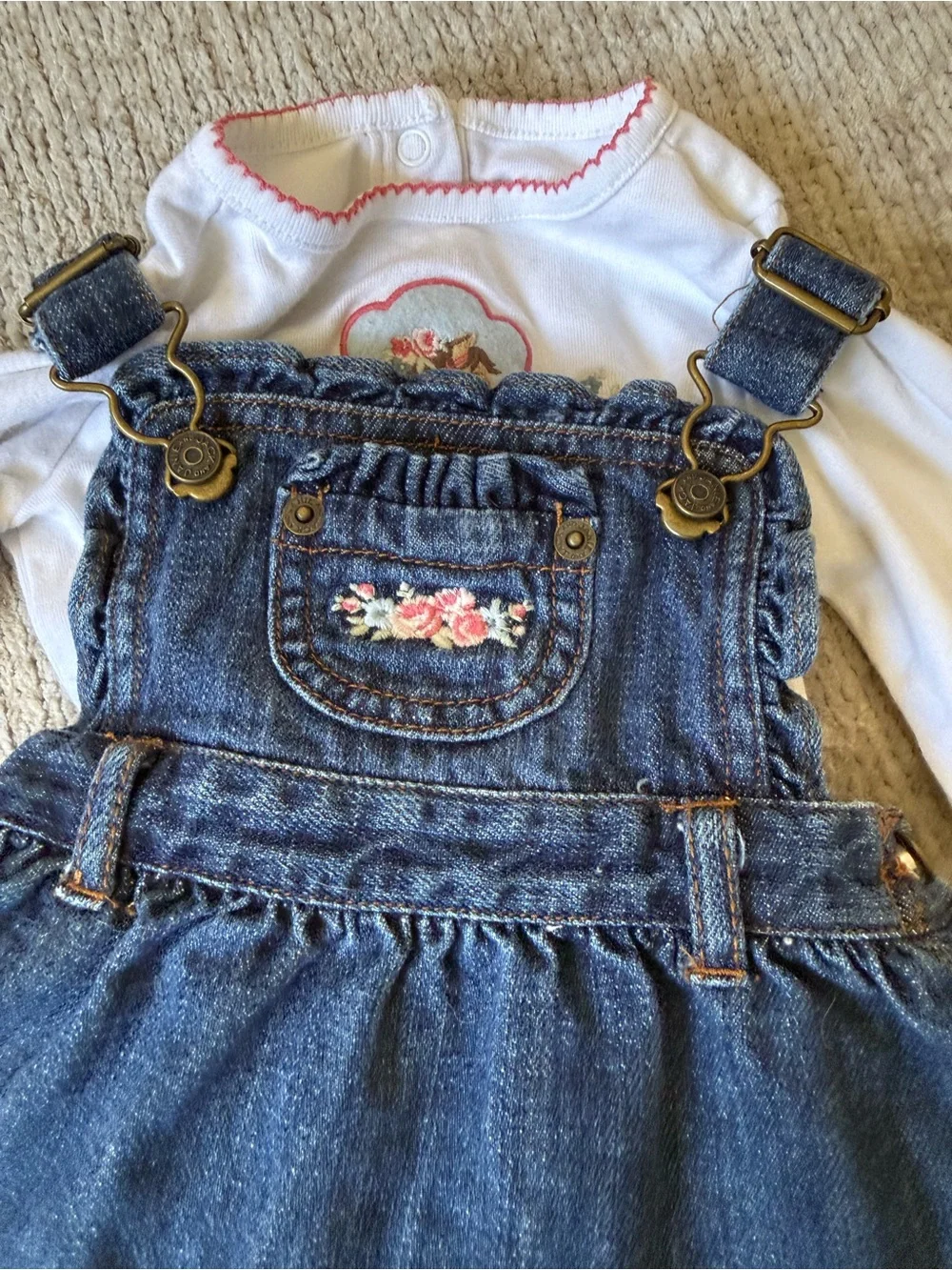 Janie And Jack 3 Piece Denim Overall Dress Horse Bodysuit Bloomers 12-18M